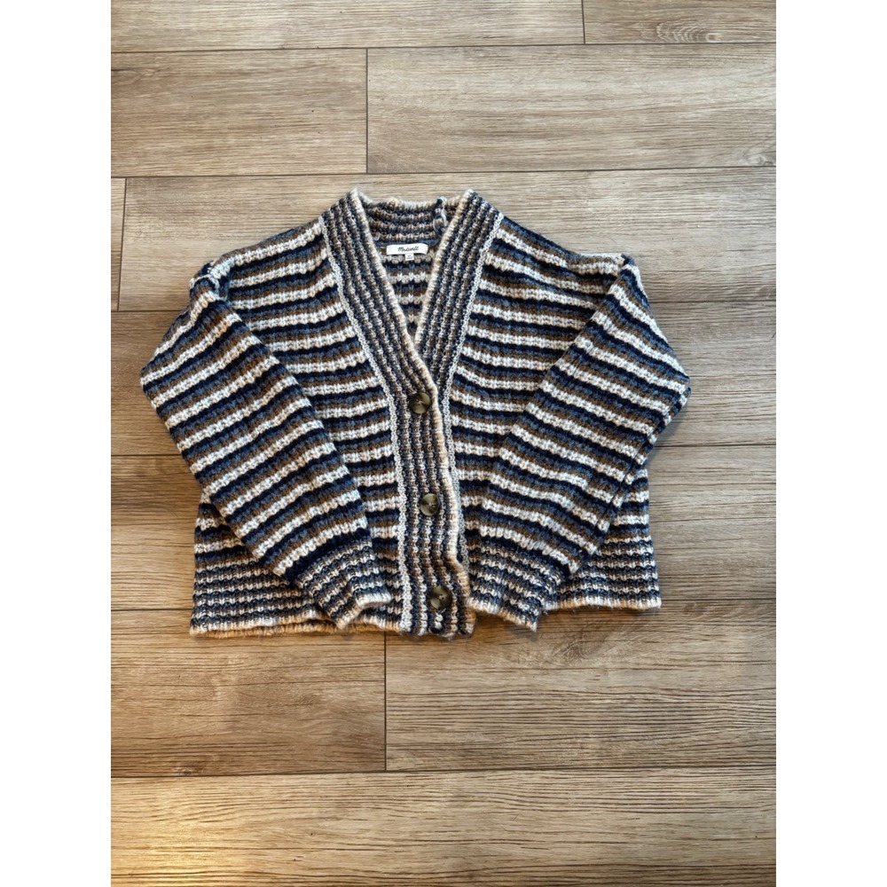 Madewell Striped Wool Blend Chunky Knit Cardigan Sweater Navy Brown XS Casual